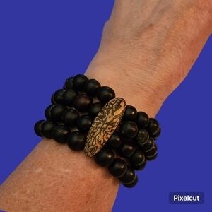 Black Onyx Palm Wood Chunky Stretch Bracelet